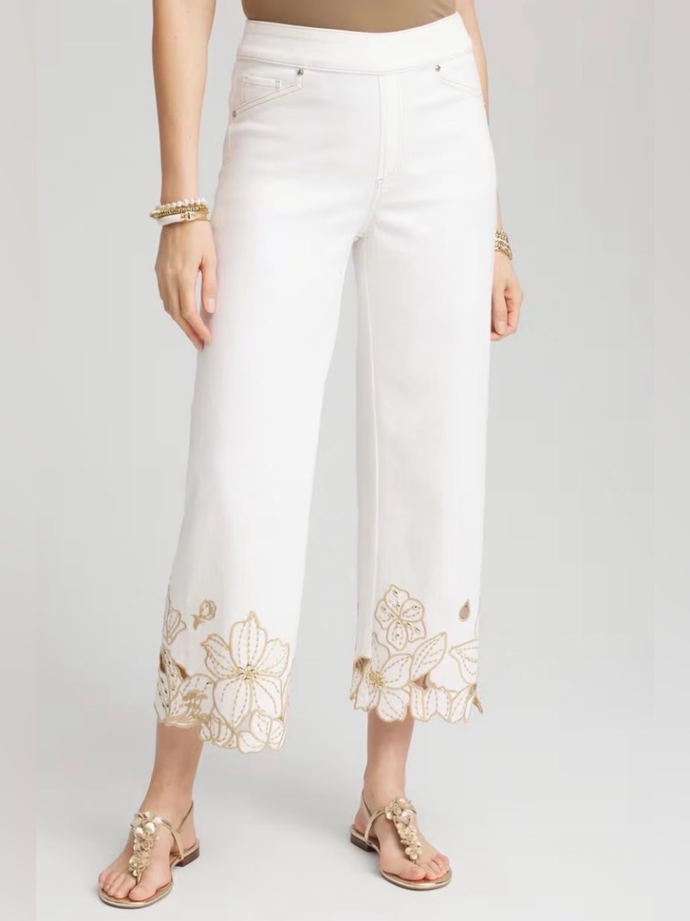 Chico’s White Cropped Wide-Leg Pants with Gold Floral Embroidery Cutouts